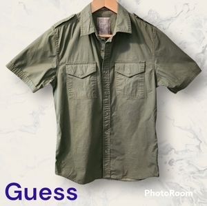 Guess Short Sleeve Utility Military Button Up Size XS Olive Green